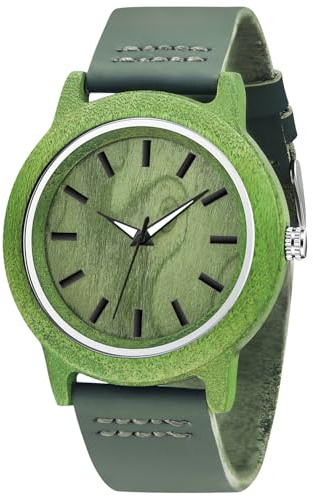 Tiong Men's Wooden Watch with Arabic Numeral Dial Green Leather Srap, Men's Casual Quartz Watch