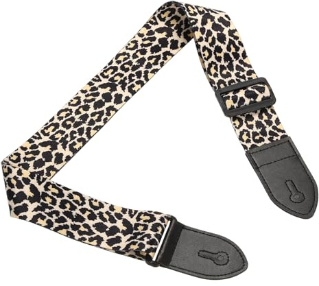 QUARKZMAN Gitarrengurt Vintage Bestickt 2 Breit Hellgelber Leopard | Baumwollgewebe Lederenden, Verstellbarer Gurt, Mit Schwarzer Kunststoffschnalle, Für Akustik Elektro Bassgitarren