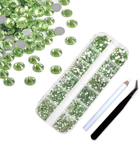 PLABBDPL 1440 Pezzi Strass di Vetro Rotondo Gemme di Cristallo,6 Formati Rotondo Gemme di Cristallo,Strass Trasparenti con pinzette e scatole per Decorare Tutti i Tipi di Artigianato, Verde chiaro
