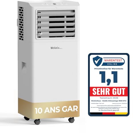 Climatiseur Mobile 9000 BTU, 5 en 1 Climatiseur Portable avec Mode Auto, Clim Mobile Silencieuse 55dB, Minuterie 24H, jusqu'à 90m³/33m² pour Maison Bureau, Kit Fenêtre Inclus, 10 ANS GAR