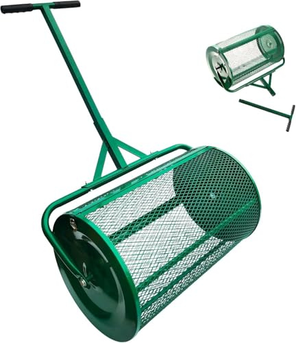 Rullo Spargi Compost 32x60 cm, Spanditore per Torba con Manico a T, Spandiconcime per Prato per Pacciame per Letame e Sabbia del Terreno Superiore, Rullo da Giardino per Fertilizzante Diameter 32 cm