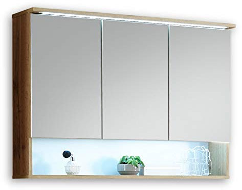 BEST Spiegelschrank Bad mit LED-Beleuchtung in Wildeiche Optik - Badezimmerspiegel Schrank mit viel Stauraum - 99 x 70 x 23 cm (B/H/T)