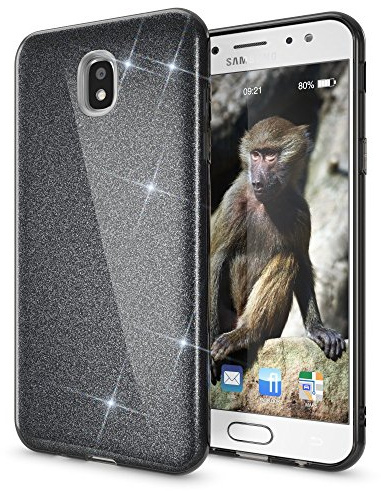 NALIA Handyhülle kompatibel mit Samsung Galaxy J5 2017 (EU-Modell), Glitzer Slim Silikon-Case Back-Cover Schutzhülle, Glitter Sparkle Bumper, Dünnes Bling Strass Smart-Phone Etui, Farbe:Schwarz