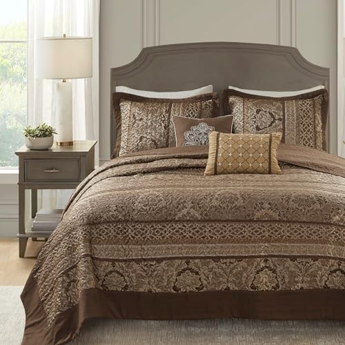 Madison Park Bellagio Reversible Quilted Bedspread Set, Solid Reverse Summer Breathable, Lightweight All Season Bedding Layer, Matching Shams, Bedspread Queen(102x118), Brown 5 Piece