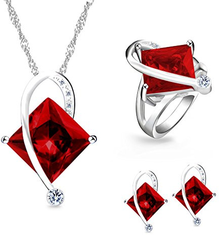 Uloveido Charm Regenbogen Erstellt Topas Mystische Große Quadratische Kristall Halskette Passende Ohrstecker Ringe Weißes Gold Überzogen Hochzeit Schmuck Set (Multicolor, Rot, Grün, Blau, Lila) T295