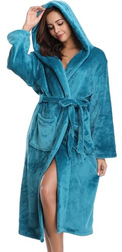 Vlazom Dressing Gown, Flannel Soft Bathrobe Cosy Robes Fluffy Winter Hooded Housecoat for Women/Men, Peacock Blue-with Hooded, 16-18
