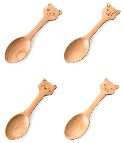 LANGING 4-teiliges Holzlöffel-Set für Kinder, Kindergeschirr, Baby-Cartoon-Löffel-Set für Kinder