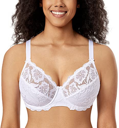 Delimira Women's Full Coverage Non-Foam Floral Lace Plus Size Underwired Bra White 40J