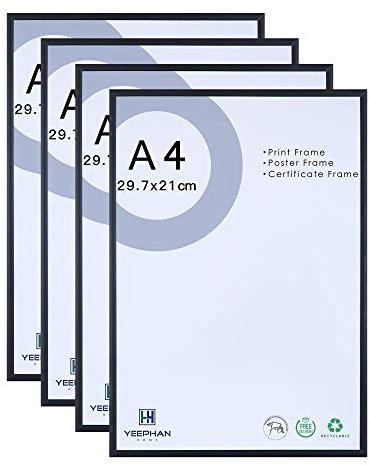 A4 Certificate Photo Frame - 21 x 30 CM Aluminum Black Picture Frames with Perspex Safety Glass front, Freestanding and Wall Mountable Pack of 4