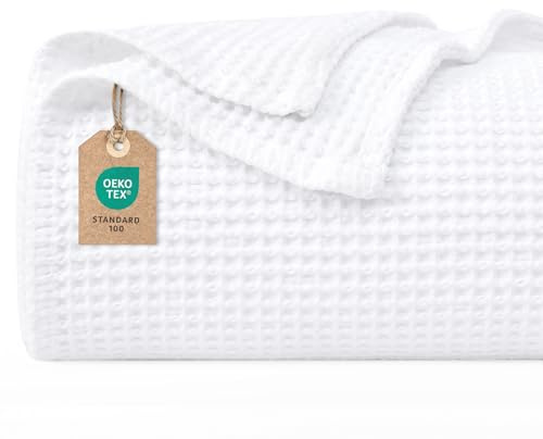 PHF 100% Baumwolle waffledecke Kuschedecke 150x200cm, leicht & atmungsaktiv, perfekt für das ganze Jahr - Oeko-TEX® Zertifiziert - Hotelwäschequalität - Ideal für Sofa Couch Bett, Weiß