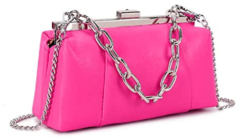 LeahWard Women's Faux Leather Clutch Bag Soft Chain Shoulder Handbag (Fuchsia)