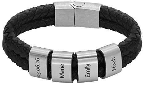 Heideman Herren Lederarmband Elian 2 Gravurplättchen silber | Elian Herren-Lederarmband, geflochtenes Leder, silberne Gravurplättchen, personalisierbar, Magnetverschluss, für Männer