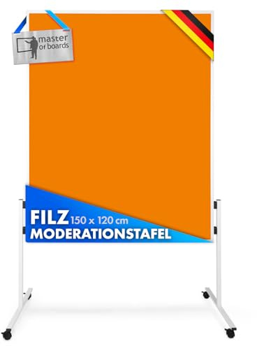 Floordirekt Filz Moderationstafel Metaplanwand mit feststellbaren Rollen | Filztafel Pinnwand | Moderationswand Doppelseitig nutzbar | Stabiler Metallrahmen (150 x 120 cm, Orange)