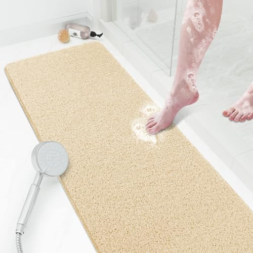 Duschmatte, Badewannenmatte, rutschfest, 119,4 x 40,6 cm, weiche Badewannenmatte mit Ablauf, PVC-Luffa-Badematte (phthalatfrei) für Badewanne und Badezimmer, schnell trocknend, Khaki
