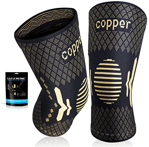 Lusenone 2 Stück Kupfer Kniebandage für Männer und Damen, Beste Kompression Kniestütze Kniebandagen, Knee Sleeves Support für Meniskus, Arthrose, ACL, Kraftsport, Sport, Gym, Laufen, Joggen