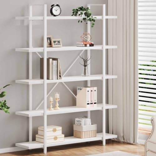 HSH 5 Tier BookShelf Farmhouse Storage Bookcases Modern Shelf White Oak | Metal and Wood Bookcase Etagere, Farmhouse Open Wide Display Storage Bookshelves Heavy Duty for Bedroom Living Room Office