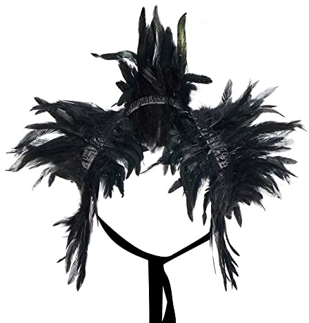 Niceyoeuk Women Natural Feather Cape Maleficent Costume Gothic Lacing Shawl Shrug Collar Feather Cape for Halloween Cosplay Christmas Party (Black, One Size)
