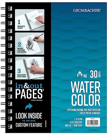 Grumbacher 7 x 10 Watercolor Paper Pad with in & Out Pages, 140 lb./300 GSM, Side Wired, 30 White Sheets (Pack of 1 Pad)