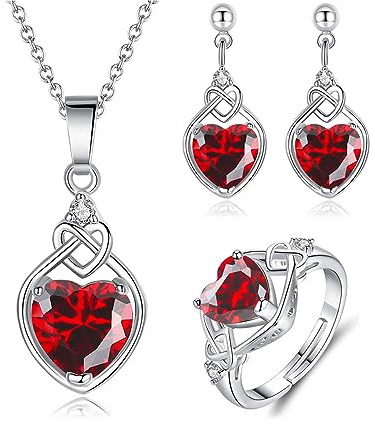CERSLIMO Jewellery Set for Women - Garnet Diamond Heart Pendant Necklace, Dangle Earrings for Women & Adjustable Silver Rings Set | Jewellery Set for Girlfriend Wife Wedding Gifts for Bridesmaid