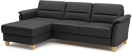 CAVADORE Leder-Ecksofa Palera mit Longchair / Landhaus-Couch mit Federkern, Bettfunktion + Bettkasten / 244 x 89 x 163 / Leder Schwarz