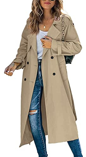 Edhomenn Women Long Trench Windproof Coat with Belt Long Sleeve Double Breasted Classic Lapel Collar Overcoat Ladies Casual Fall Jacket Winter Coat (01 Khaki, M)