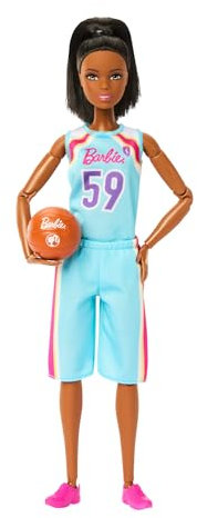 Barbie Made to Move Puppe und Accessoires, brünette Basketballspielerin mit abnehmbarem Sportdress mit Ball, 22 bewegliche Gelenke, HKT74