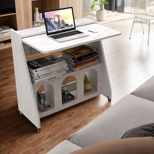 Pmnianhua Farmhouse Portable Desk on Wheels,Mobile Workstation,Rolling Computer Desk with Wheels and Storage for Home Office Small Space(White)