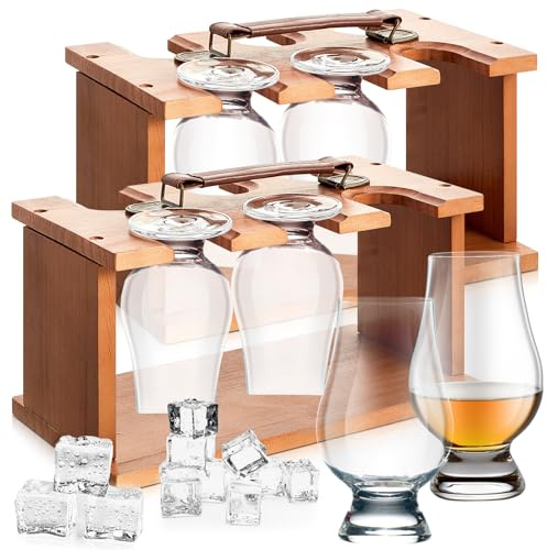 Menkxi 2 Pack Glass Holder Rack Compatible with Crystal Whiskey Bourbon | Wooden Dual-tier Holds 6 Glassware Upside Down for Air Drying and Storage, Saves Counter Space, Glasses Not Included
