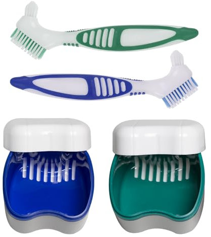 NyxSeat 2 recipientes para baño de prótesis y 2 cepillos de limpieza de prótesis, cajas de almacenamiento de prótesis, soporte para prótesis, portadentaduras de cesta, cepillos de dientes de doble