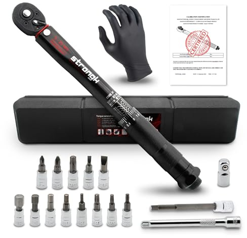 STRONG K® Clé Dynamométrique 1/4 de Torsion 5-25 Nm, Précision ± 3%, 18 Pièces Kit D'entretien pour Vélos Route Montagne avec Barre D'extension, Clé à Cliquet 1/4, Hex et Torx Bits, Douilles Allen