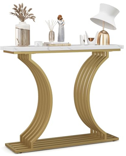COSTWAY Konsolentisch Gold, Eingangstisch marmor optick mit weißer Tischplatte, schmaler Flurtisch Sofatisch mit Metallbeinen für Wohnzimmer, Eingang, Flur