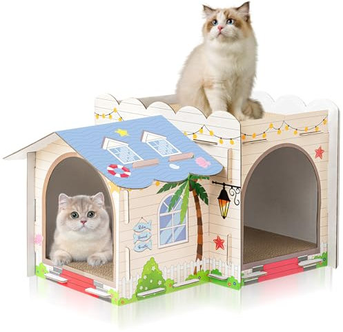 2 Story Cardboard Cat House with Scratcher Pad, 17x12x10, Beach