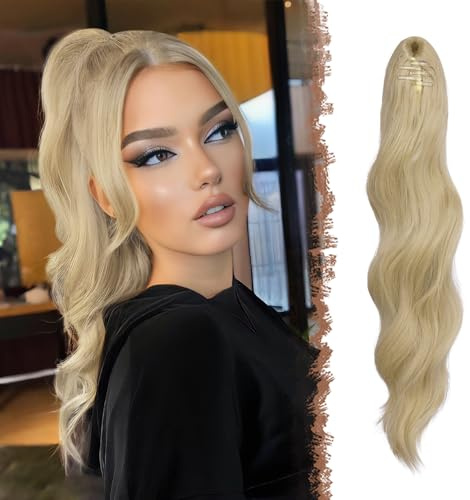 FESHFEN Pferdeschwanz Extensions Klammer, 50 cm Lang Gewellt Clip Zopf Haarteil Aschblond Synthetik Ponytail Hair Extensions Haarverlängerung für Frauen