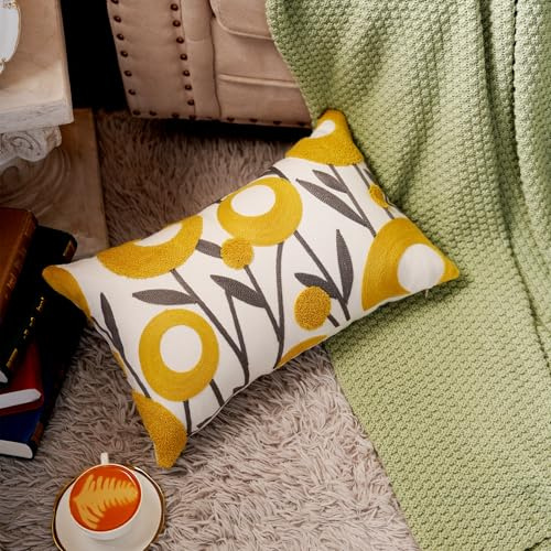 ARTMAGIC White Embroidery Floral Throw Pillow Covers Spring Summer Decorative Pillowcase Square Cushion Cover for Couch Sofa Bed Living Room Bedroom Decor (Yellow 02, 12 x 20)