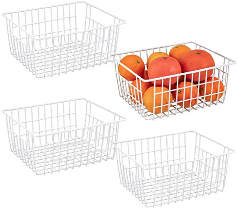 LOSYHU 4 Pack White Wire Storage Baskets, Wire Basket for Pantry Organizer Storage, Metal Storage Baskets Small Chest Freezer Baskets for Shelves, Pantry, Freezer, Cabinet - 28 x 22 x 12cm