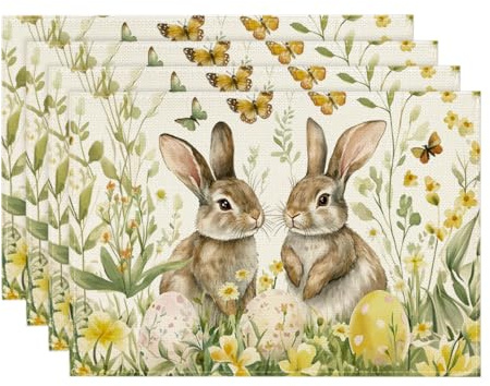 Artoid Mode Kaninchen Blumen Ostereier Ostern 4er Set Platzsets, 30x45cm Frühling Bankett Tischsets Waschbar Platzdeckchen Küche Party Deko