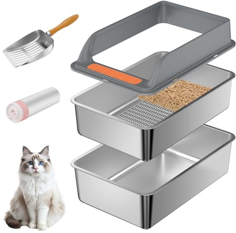Rostfritt stål siktning kattlåda med lock, stor siktning kattlåda för tallpellets och stora katter, metallpellets siktsystem för luktkontroll, siktlådfoder och skopa
