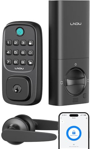 Cerradura de puerta WiFi con juego de 2 asas, cerradura de puerta de entrada sin llave de huellas dactilares, Wi-Fi integrado, control remoto de aplicación, cerrojo de seguridad para puerta delantera,