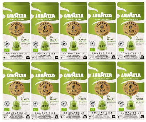 Lavazza Tierra Bio-Organic For Planet Nespresso Compatible Aluminium Coffee Capsules (Pack of 10, Total 100 Pods)