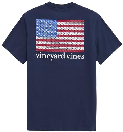 vineyard vines Men's Micro Whale American Flag-Short Sleeve Pocket Tee, Blue Blazer, Medium
