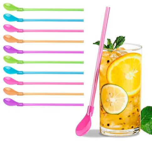 CATOR 10 Pezzi Cannucce riutilizzabili, 2 in1 Cucchiaio di Paglia, Cannucce Bubble Tea, Cannucce Colorate per Cocktail Latte Freddo Frullati Caffè Freddo