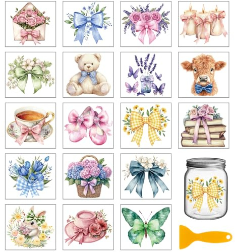 GLOBLELAND 18 Sheets Flower Bowknot Transfer Stickers 3.9x3.6inch Sweet Bowknot Rub on Transfer Stickers Colorful Decal for Furniture Vase Glass Mason Jar Decorations Art Crafts