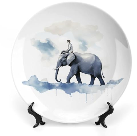 Grandes assiettes décoratives en porcelaine anglaise de 15,2 cm avec support de présentation pour cuisine, salle à manger - Motif Man Riding An Elephant