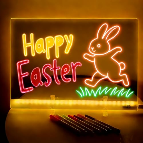 LED Drawing Board, 13.7X10 LED Note Board with Colors, Light Up Acrylic Dry Erase Board with Stand, 4 Modes LED Writing Message Glow Memo Board, with 7 Markers