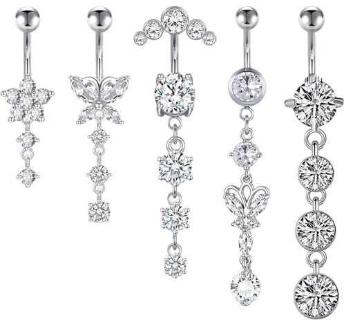 AYNKH 5 Stück Bauchnabelpiercing Chirurgenstahl Silber Bauchnabelpiercing Hängend Piercing Bauchnabel Lang Belly Button Ring Schmuck Set für Damen