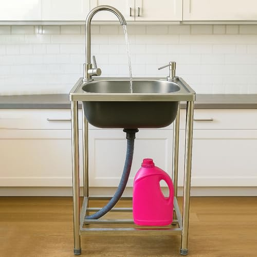 Fregadero de Acero Inoxidable 1 Seno,Fregadero de Cocina Comercial Independiente Con Fria y Caliente Grifo,Lavabo de Mano Móvil Exterior Jardin,para Garaje,Lavadero