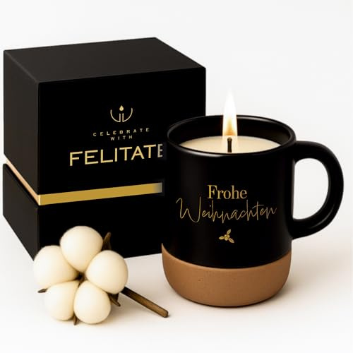 FELITATE Geschenk für Frauen & Männer, 2in1 Duftkerze in Tasse mit Spruch | Frohe Weihnachten Geschenk für Weihnachten, Geschenkidee für Kollegen, Freundin, Opa & Oma, Geschenkset