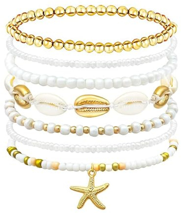 YNR Ensemble de 7 Bracelets de Plage, Design Coquillages et Étoile de Mer, Perles Blanches et Dorées, Style Marin