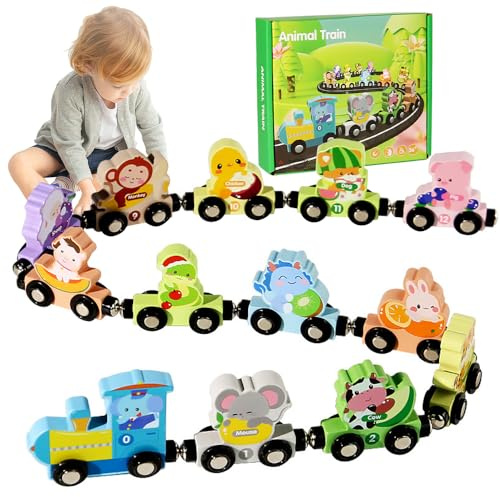 YANGUN 13 PCS Wooden Magnetic Train Toys, Montessori Toys Magnetic Wooden Train Set, Number Toy for 1 2 3 4 Year Old Boy Gifts, Preschool Learning Educational for Boys Girls
