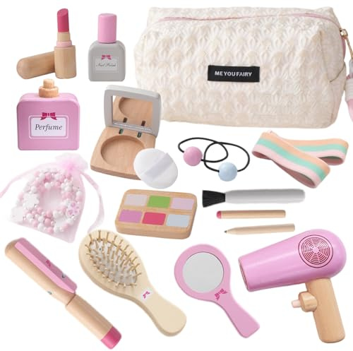 SMARTWO Wooden Makeup Toy Set for Toddler,Kids Pretend Play,Children Role Play Toys,Fake Cosmetics Salon Toys,Princess Dressup Accessories with Bag Birthday Gift for Girls 3 4 5 6